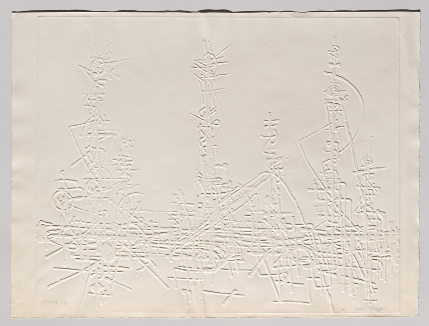 A textured white-on-white embossed print featuring an abstract cityscape with various geometric shapes and lines creating an impression of buildings and structures. The artwork is signed and dated in the lower corners.