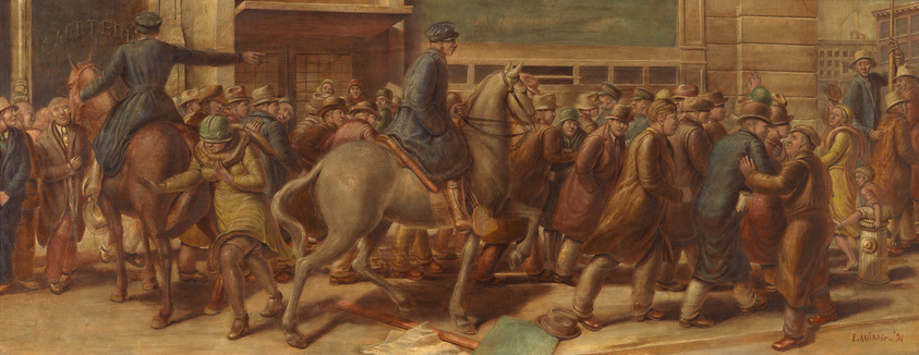 A panoramic historical painting depicting a bustling street scene with two mounted police officers dispersing a crowd of people in front of a building labeled "CAFETERIA." The crowd appears agitated, with some individuals gesturing emphatically, while others look on with concern. The foreground shows scattered debris, including a broken sign and a hat on the ground, suggesting a recent disturbance. The painting is rich in earthy tones and captures a moment of tension and dynamic movement.