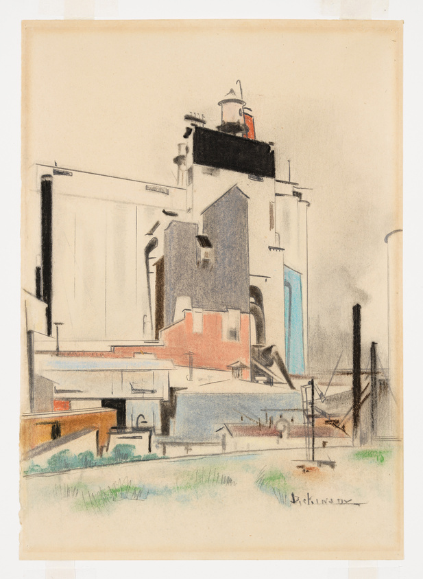 A sketch of an industrial building complex with various geometric shapes and structures, featuring a mix of soft colors and pencil lines. The foreground includes a grassy area, and the artwork is signed at the bottom right.
