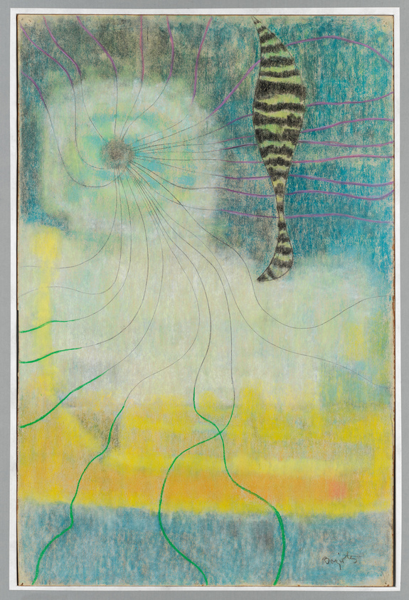 A colorful abstract drawing featuring a central circular motif with radiating lines in various colors against a soft, textured background of blues, greens, yellows, and oranges. On the right side, a partial depiction of a zebra's striped tail intersects the composition. The artwork is signed in the lower right corner.
