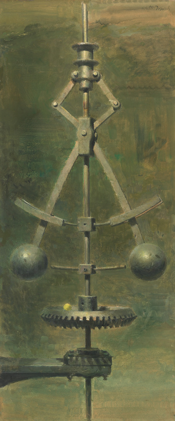 Oil painting depicting a mechanical structure with a central vertical shaft, four diagonal braces, and two spherical weights attached to the ends of horizontal arms. The background is a muted green, and the artist's signature is visible in the upper right corner.