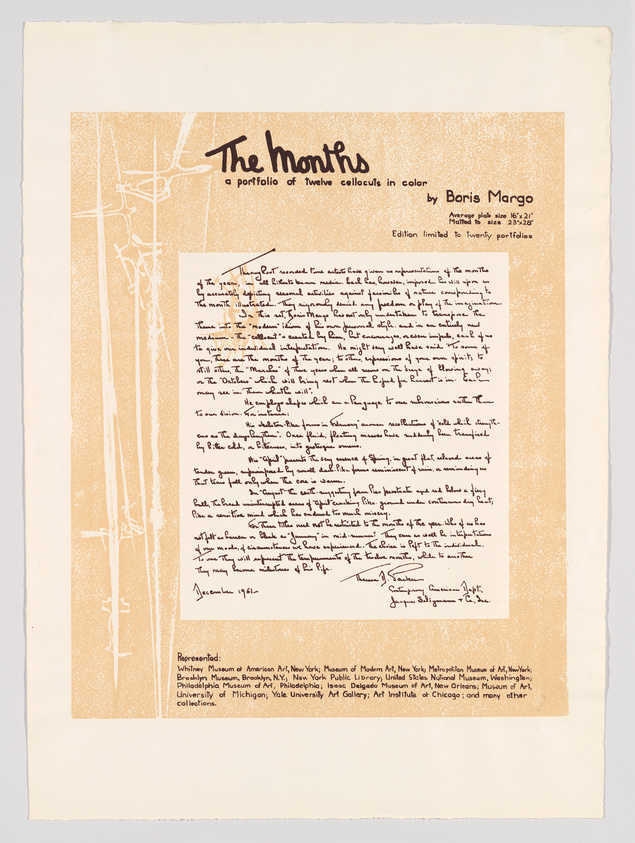 This image displays an artwork titled "The Months," which is a portfolio of twelve cellocuts in color by Boris Margo. The text is presented in a decorative font at the top, with additional information about the average size and edition limit below. A handwritten letter with a signature at the bottom is superimposed on the right side of the artwork, and a list of institutions where the artist is represented is noted at the bottom. The background features abstract white lines on a speckled golden surface, resembling a network or map.