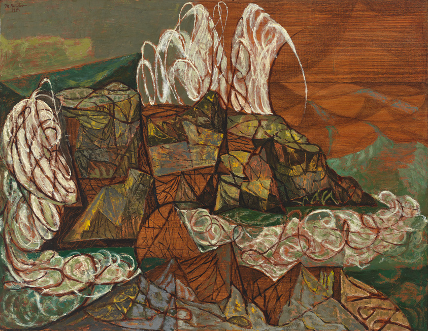 A vibrant, abstract painting depicting geometric shapes resembling mountains with dynamic, swirling lines suggesting clouds or mist. The background features a mix of earthy tones, while the foreground includes a variety of colors with an emphasis on greens, yellows, and browns, creating a sense of depth and movement.