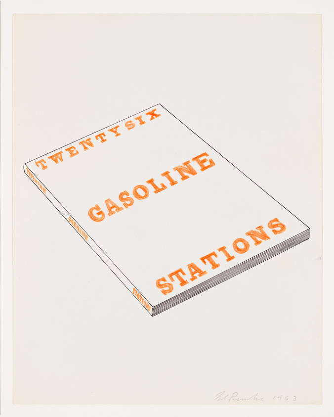 Illustration of a book titled "TWENTYSIX GASOLINE STATIONS" with an orange and white cover, signed and dated 1963.
