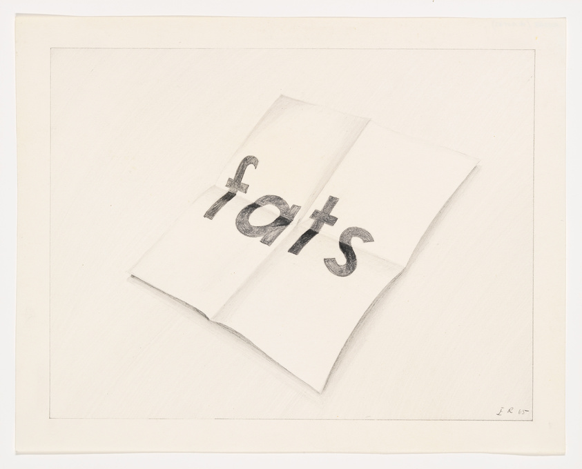 Pencil drawing of a folded paper with the word "facts" partially obscured, on a white background.