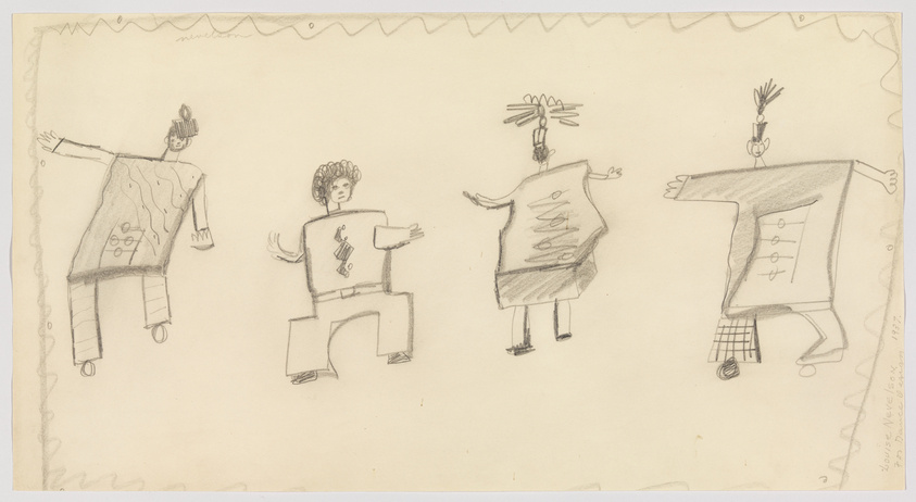 Pencil sketch of four whimsical, abstract human figures with exaggerated features and various patterns on their bodies, standing against a plain background with a wavy line at the top. Each figure has a unique hairstyle and is posed differently, with the second from the left facing forward and the others angled to the sides. The drawing has a playful and surreal quality.