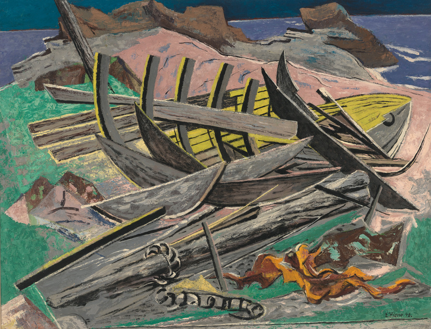 A vibrant painting depicting a chaotic scene of broken boats and debris, with a prominent yellow interior of a boat in the center. The background features dark blue water, pink and brown rocky terrain, and a hint of greenery. The expressive brushstrokes and bold colors suggest a post-impressionist or expressionist style. The artist's signature and the year '46 are visible in the lower right corner.