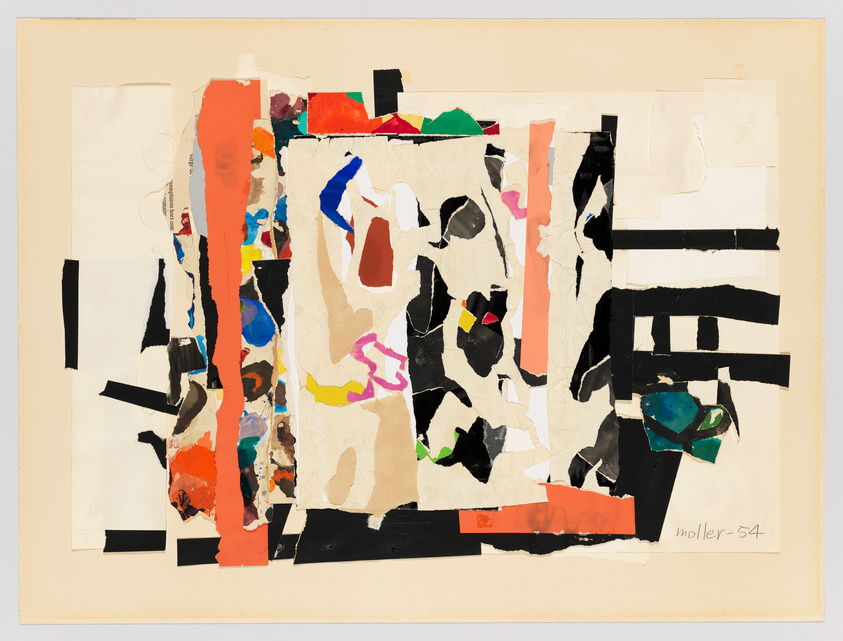 A vibrant collage featuring an assortment of cut-out paper shapes in various colors and sizes on a beige background. The composition is abstract with bold black lines, splashes of red, blue, and green, and smaller accents in yellow and pink. Some of the paper pieces have crinkled textures, and there is a signature at the bottom right that reads "moller-54."