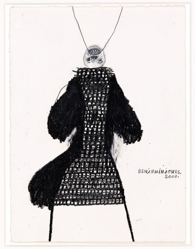 A mixed media artwork depicting an abstract figure wearing a textured black dress with a grid-like pattern and a large, round necklace. The figure's head is simplified with minimal facial features, and the piece is signed "Benjamin Jones, 2001" in the bottom right corner.