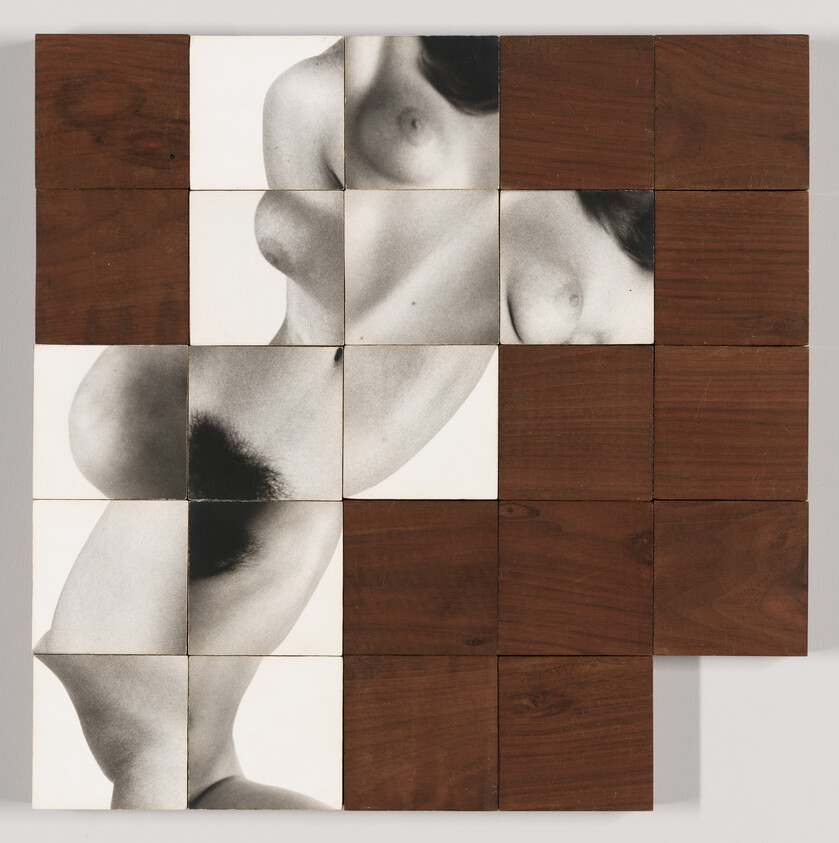 A mosaic of square tiles arranged to form a fragmented image of a human figure, with alternating tiles showing sections of a black and white photograph of body parts and plain wooden blocks.