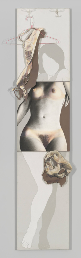 A vertical mixed media artwork featuring a fragmented depiction of a human figure. The top portion shows a wire hanger with a piece of clothing hanging against a white background. Below, a photographic image of a torso with bare breasts is superimposed on the canvas. The midsection is interrupted by a crumpled piece of fabric or paper, and the lower section shows a silhouette of legs and feet, with the right leg shaded in gray. The piece has a collage-like, surreal quality.