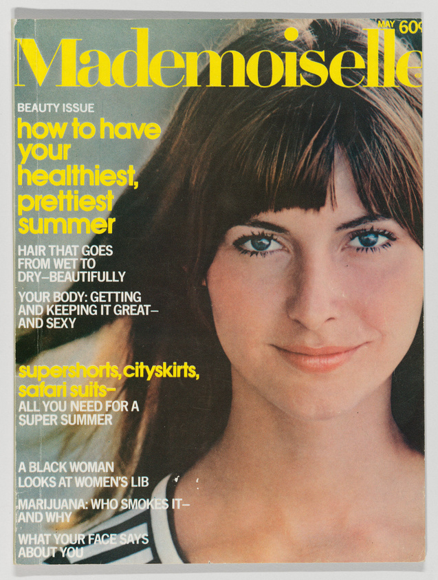 Cover of Mademoiselle magazine from May, featuring a close-up of a woman with dark hair and blue eyes. The cover highlights beauty tips for summer, fashion trends like super shorts and city skirts, and articles on women's liberation and marijuana. The price is listed as 60 cents.
