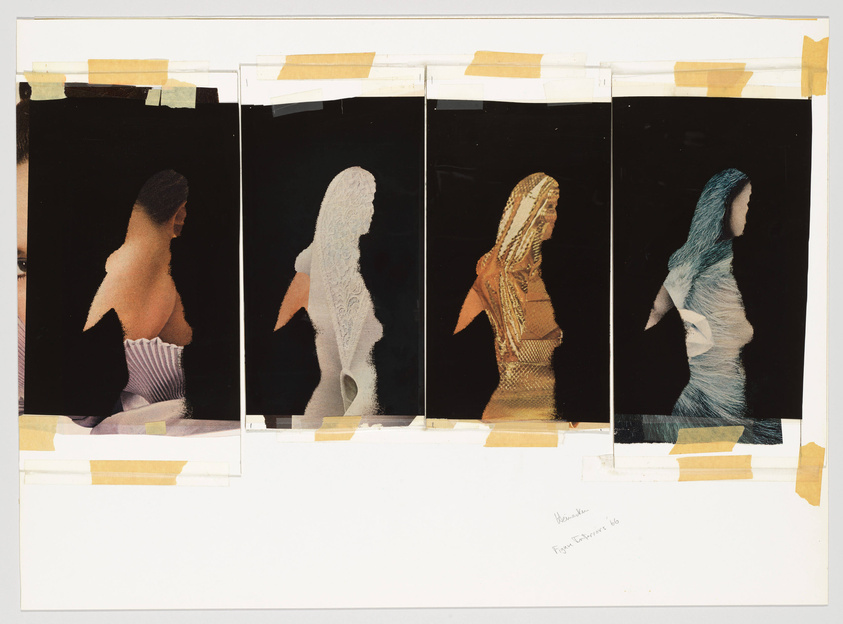 A collage of five sequential images showing the profile of a woman's upper body in various textures and patterns, taped together with pieces of yellowing tape. Each image is a different stylized representation, with the second from the left appearing as a lace-like silhouette and the third featuring a patterned textile design. Handwritten text at the bottom right corner reads "Barbara", "First Exposures '86".
