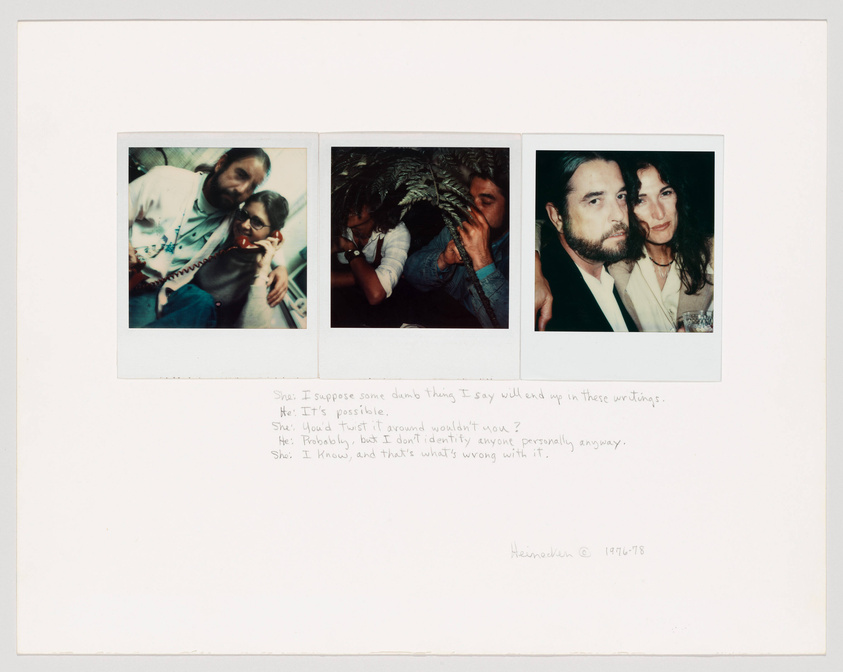 A collection of three Polaroid photos displayed on a white background with handwritten text below. The first photo shows two individuals, one embracing the other who is playfully holding a phone receiver to their ear. The second photo captures a person obscured by a large fern plant. The third photo features two individuals closely posing for the camera, one with an arm around the other. Below the images, a dialogue is written, suggesting a conversation about the potential inclusion of their spoken words in future writings. The artist's signature and the years 1976-78 are inscribed at the bottom right.