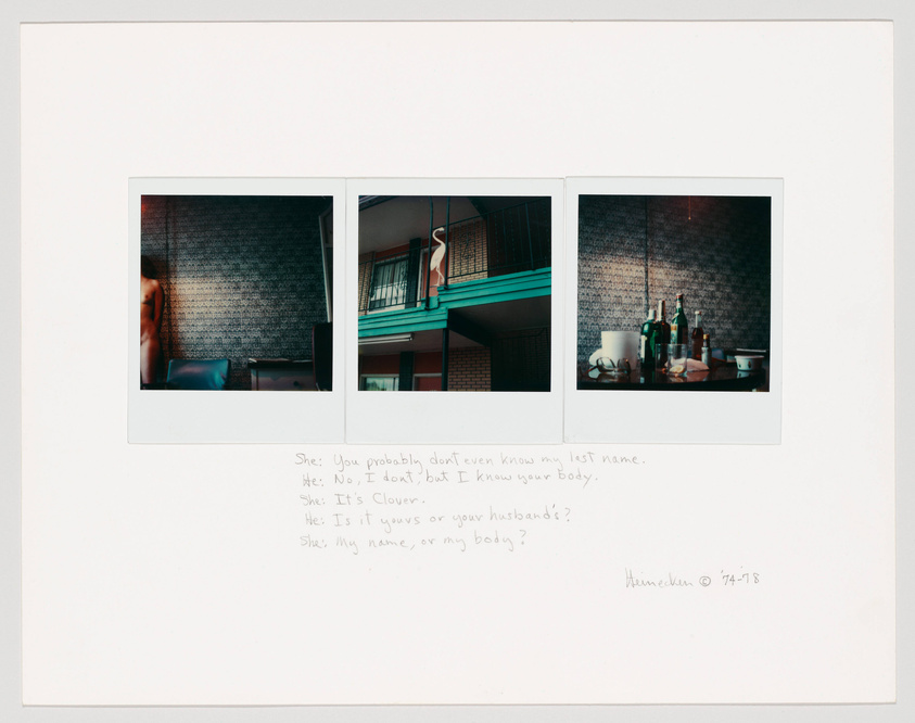 Three Polaroid photos are arranged horizontally against a white background. The first photo shows a blurred figure behind a textured glass pane, the second captures a balcony view of a brick building, and the third depicts a collection of bottles and glasses on a table against a brick wall. Below the photos, a handwritten conversation is transcribed, suggesting a dialogue between two individuals, with a signature and date at the bottom right corner.
