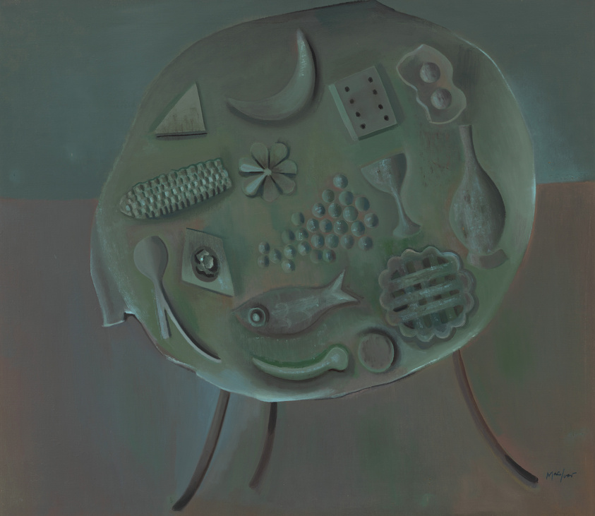 A painting depicting an abstract composition with various shapes and objects that resemble a still life arrangement on a round table. The color palette is muted with shades of green, blue, and brown. Objects include a crescent moon, a fish, a flower, geometric shapes, and textured patterns, all arranged in a dreamlike manner. The table has three thin legs and the background is dark with subtle variations in color. The artist's signature is visible in the lower right corner.