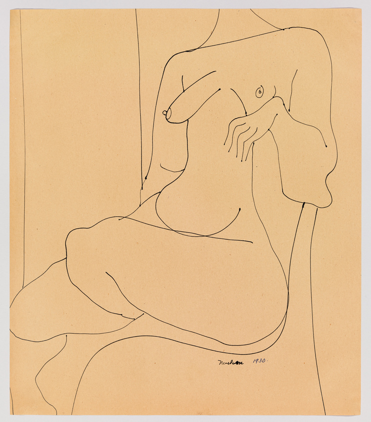 A minimalist line drawing on tan paper depicting the abstracted form of a seated nude female figure with her right arm resting on her raised knee and her head resting on her hand. The artist's signature and the year 1930 are visible at the bottom right.
