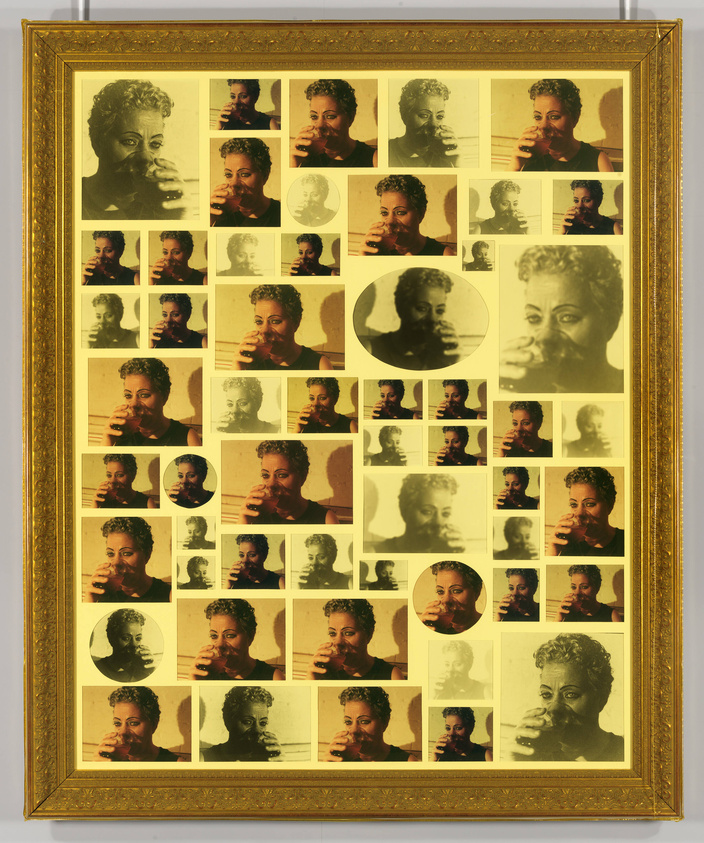 A framed collage of repeated portraits of a woman with various expressions and poses, predominantly in sepia tones, displayed in a golden ornate frame.
