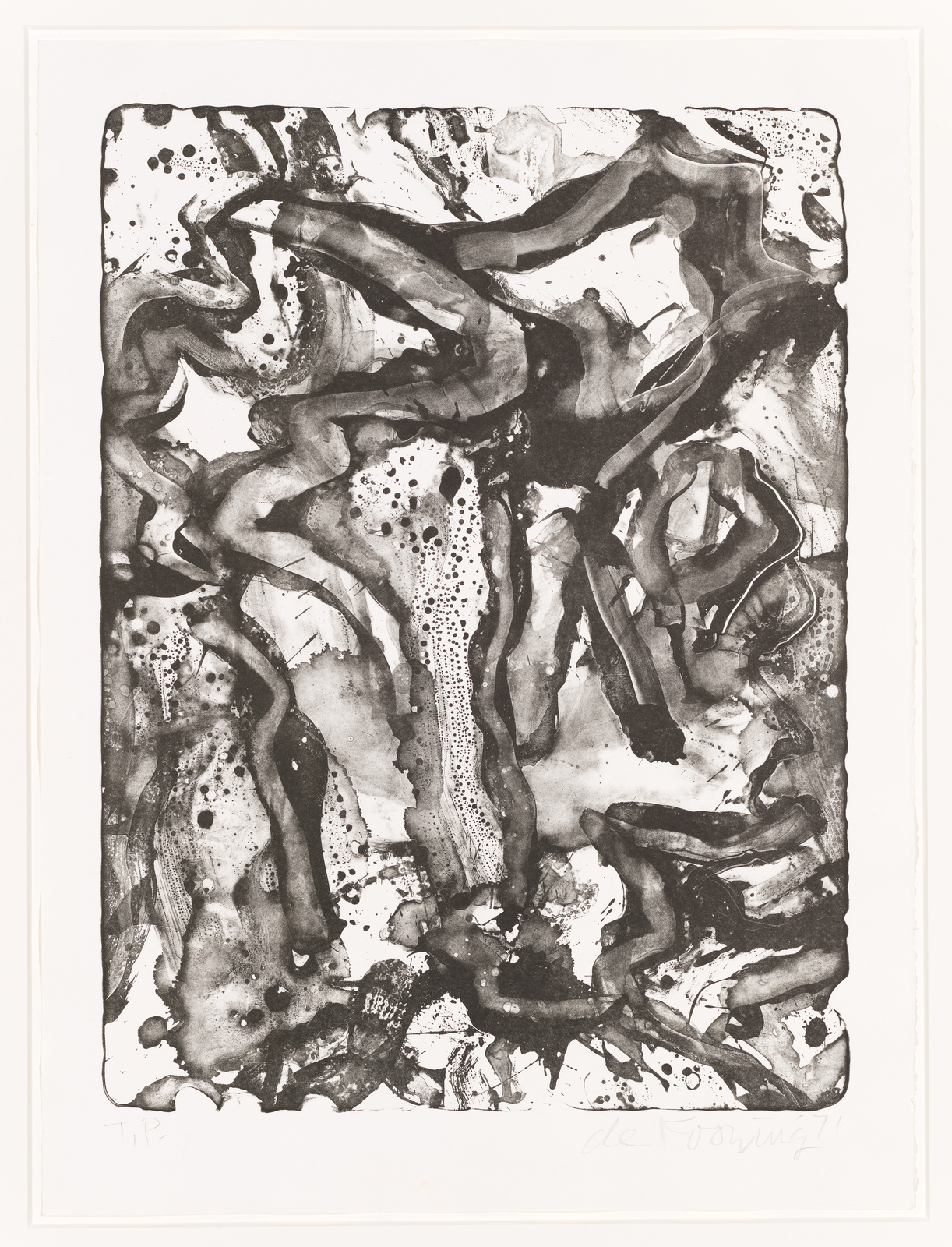 An abstract monochromatic artwork featuring dynamic black ink blots and washes on a white background, creating a fluid and organic composition. The image is framed with a white border, and there are handwritten inscriptions at the bottom.