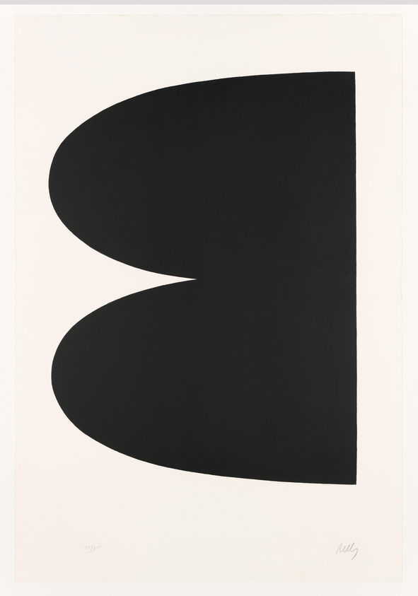 A graphic artwork featuring a large black shape on a white background, resembling a stylized profile of a heart or two mirrored commas. The black shape has a smooth, curved cutout, creating a negative space that contrasts with the solid form. The bottom right corner of the image contains a signature.