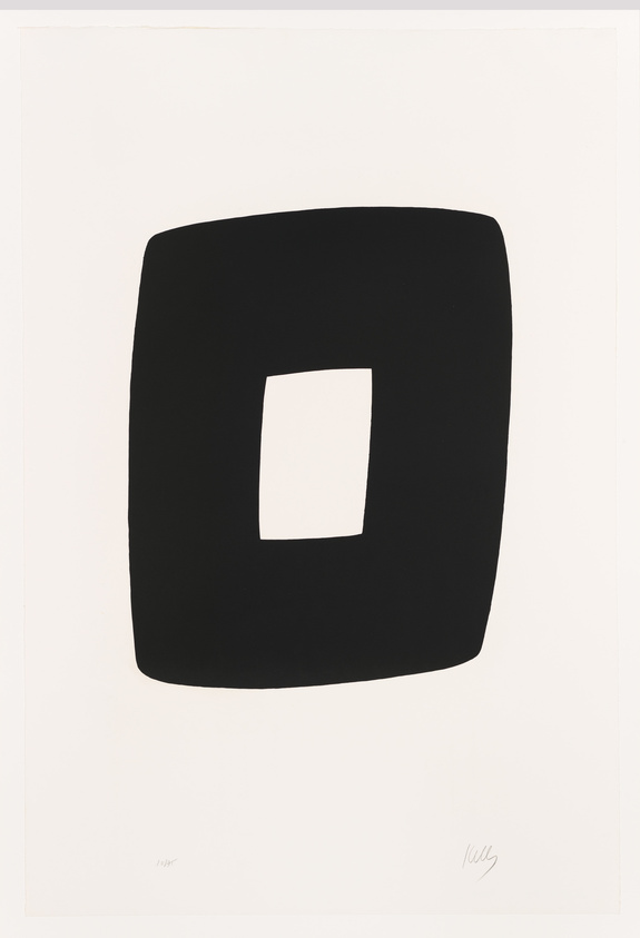 A graphic print featuring a large black square with rounded corners, centered on a white background. Inside the black square is a smaller white square, creating a bold contrast. The artwork is signed and numbered in the bottom right corner.