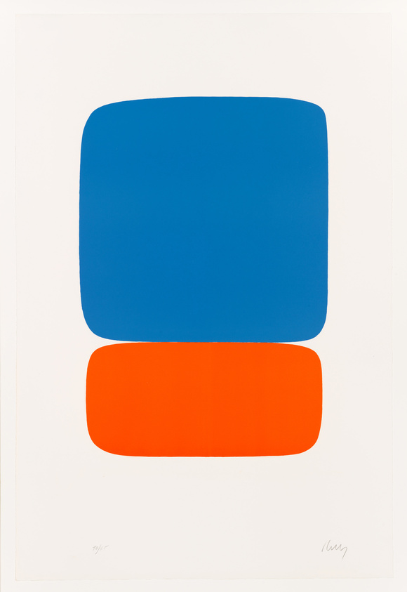 A minimalist artwork featuring two large, rounded rectangles, one blue on top and one orange below, centered on a white background with the artist's signature in the lower right corner.