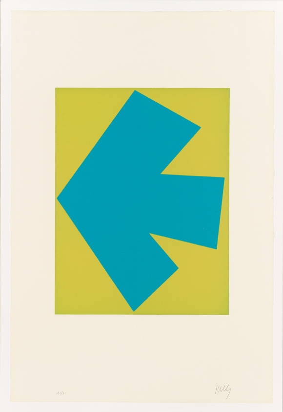 A graphic print featuring a large blue arrow pointing left against a bright yellow square background, with the artist's signature at the bottom right corner. The print is centered on a white canvas.