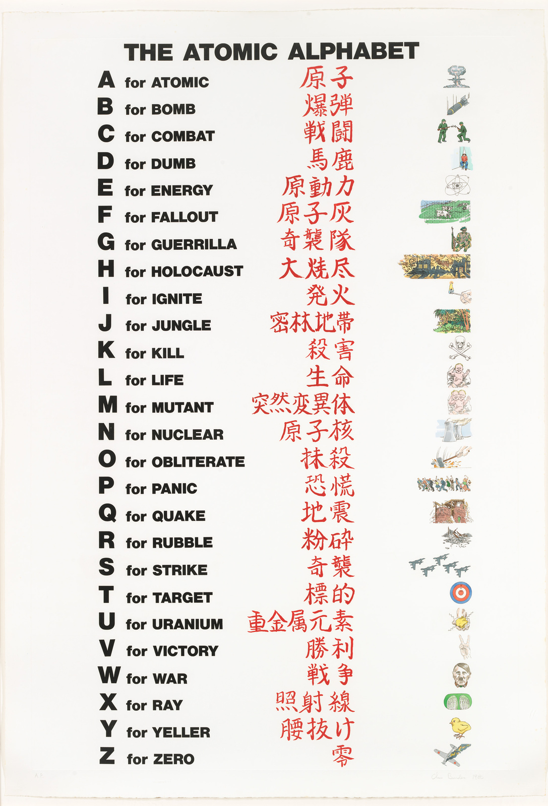 Illustrated poster titled "THE ATOMIC ALPHABET" with each letter associated with a military or war-related word, alongside Chinese translations and related images.