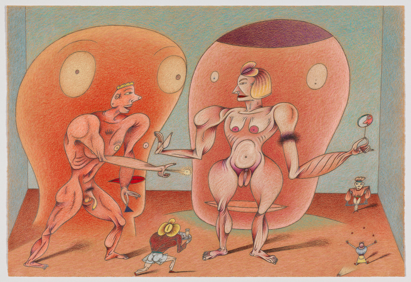 Illustration of two large, surreal humanoid figures with exaggerated and distorted body parts in a room with smaller figures interacting with them. The figure on the left appears masculine with a crown, while the one on the right appears feminine with a hairstyle and makeup. The smaller figures include one taking a photograph and another observing through a magnifying glass. The scene has a whimsical and bizarre atmosphere, with a warm color palette.
