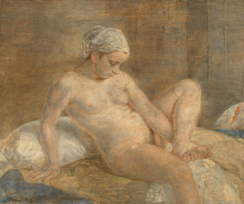 A painting depicting a seated nude female figure looking down, with her left hand resting on her thigh and her right hand supporting her as she leans on a cushion. She wears a light headscarf, and the background is rendered in warm, muted tones. The brushwork is loose and impressionistic, suggesting the texture of skin and fabric.