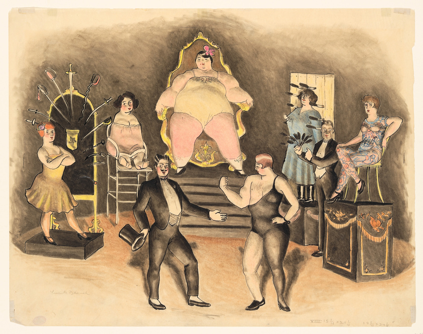 Vintage illustration of a circus scene with performers including a large seated woman, a strongman, a clown, and others onstage.