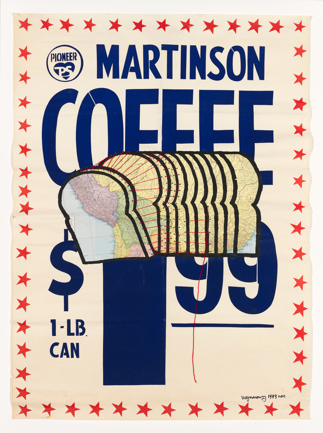 Vintage Martinson Coffee advertisement poster featuring bold blue and red typography, a sliced loaf of bread with map overlays, and a border of red stars. The price of 99 cents and the weight of a 1-lb can are prominently displayed. The artist's signature and the year 1983 are noted at the bottom right.