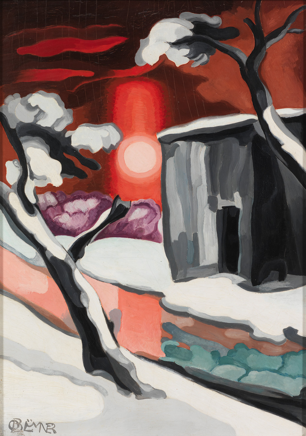 Snow-covered landscape with bare trees, a small building, and a bright red sun in the sky.