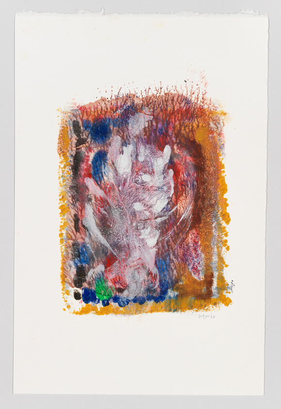 A vibrant abstract artwork with a central explosion of red, blue, and white colors surrounded by a border of yellow, orange, and brown hues on a white background. The piece features dynamic brushstrokes and splatters, creating a sense of movement and energy. There's a signature and the year '93 in the bottom right corner.
