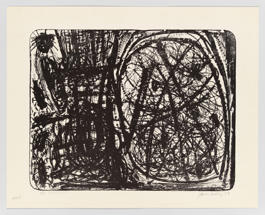 A black and white abstract etching featuring dense, chaotic line work that creates a sense of depth and movement within a rectangular frame. The artwork is signed and dated in the lower right corner, with edition information on the lower left.