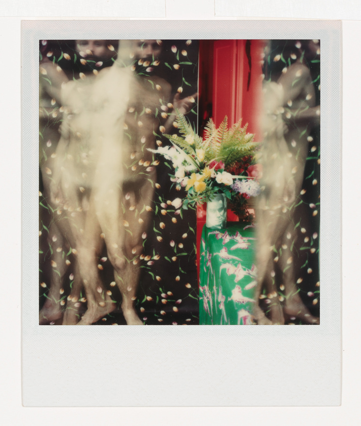 A Polaroid photo featuring a blurred image of a mannequin with a bouquet of flowers in front of it, set against a backdrop with a red vertical element on the right side. The image has a dreamy quality with light spots scattered throughout, suggesting movement or falling petals.