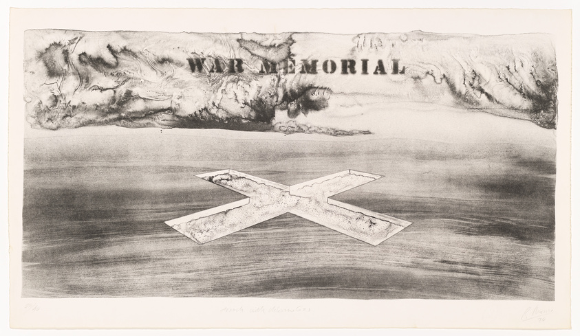 This is a black and white etching featuring a textured, abstract landscape with the words "WAR MEMORIAL" prominently displayed in the sky. In the foreground, there is a stylized, flat, X-shaped figure, resembling a fallen or embedded monument, set against a dark, sweeping background that suggests a vast, open space. The artwork has handwritten inscriptions at the bottom, indicating the title, edition number, and artist's signature with the year '70.