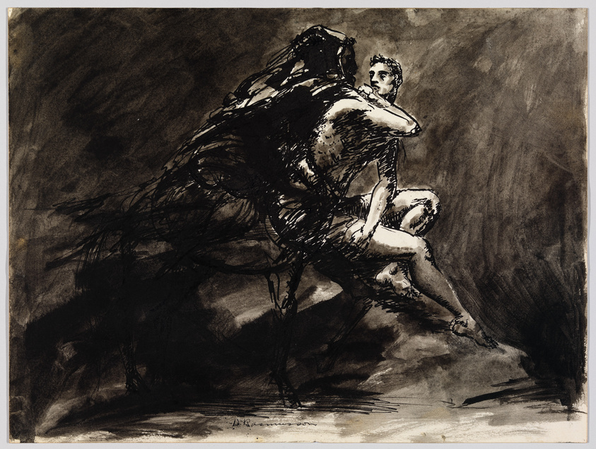 A dynamic, expressive ink drawing depicting a mythological scene where a muscular male figure is struggling against a large, dark bird-like creature with expansive wings. The man appears to be in a defensive position, with one arm raised, while the creature looms over him, its wings and feathers rendered with vigorous, sweeping strokes. The background is abstract and dark, suggesting a tumultuous atmosphere. The artwork is signed in the bottom right corner.