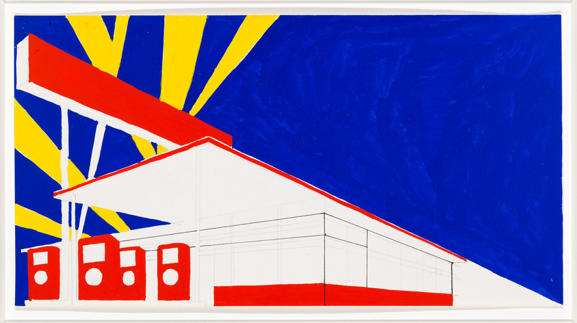 A stylized gas station with red and white colors against a blue and yellow background.
