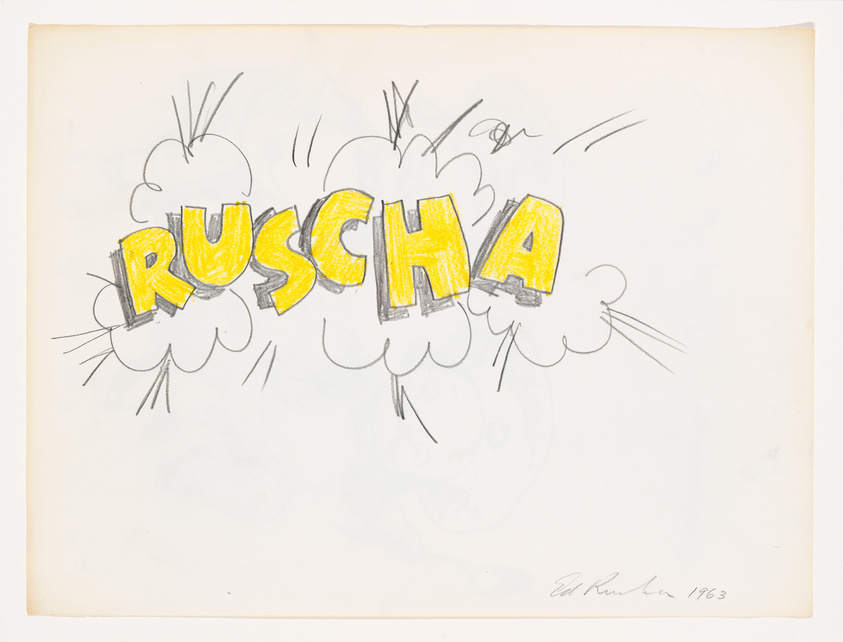 A sketch featuring the word "RUSCHA" in bold, stylized letters that appear to be bursting out with cloud-like puffs and lines indicating motion or explosion around them. The letters are shaded with yellow and outlined in black. The artist's signature and the year 1963 are written in the bottom right corner.
