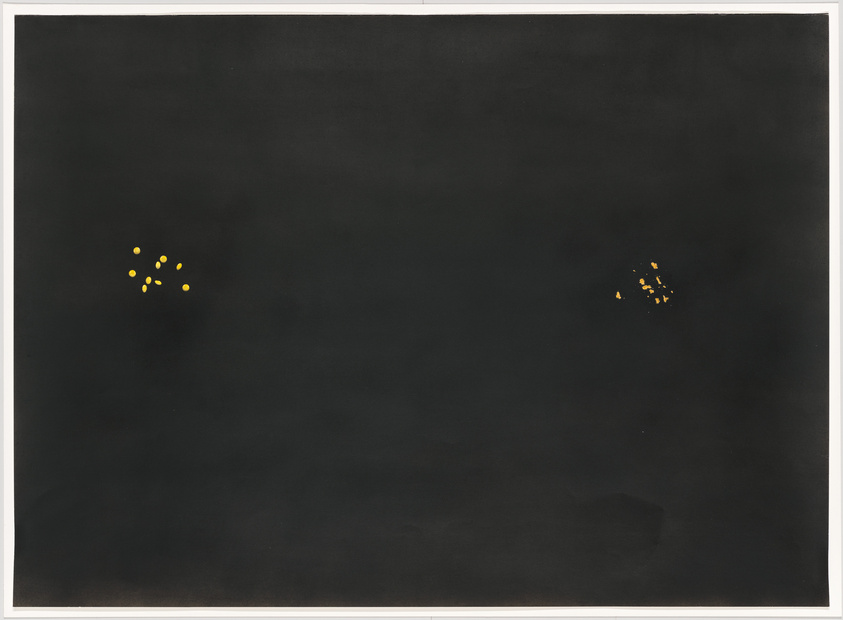 A minimalist artwork featuring a dark, almost black canvas with two small clusters of yellow dots, one on the left and one on the right, resembling distant stars in the night sky.