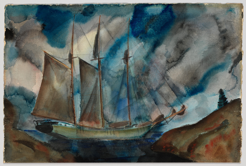 A watercolor painting depicting a three-masted sailing ship with billowing sails on turbulent seas, set against a dramatic sky with swirling shades of blue and gray. The edges of the painting are rough, suggesting it may be an unfinished piece or intentionally styled to appear weathered. The lower left corner features a signature.