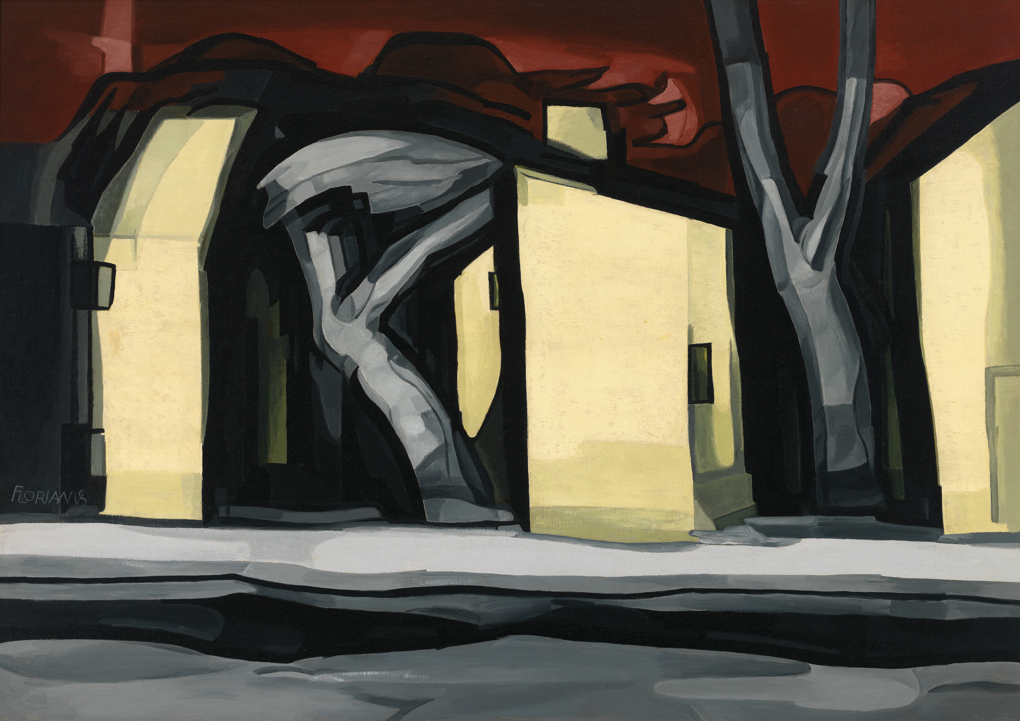 A stylized painting depicting an urban scene with abstracted forms of buildings and trees. The color palette is dominated by dark tones with contrasting yellow illuminated windows. The scene conveys a sense of night or twilight, with the architecture and natural elements blending in a cubist-inspired manner. The signature "FLORIANVS" is visible in the lower left corner.