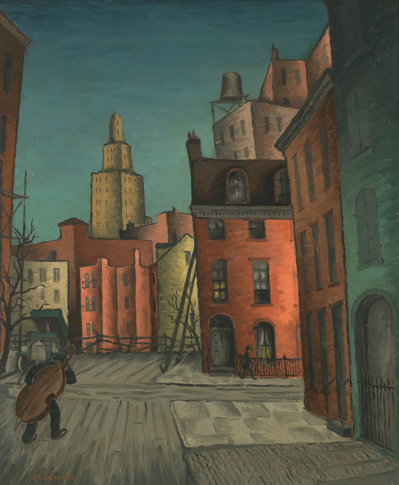 A painting depicting an urban street scene with tall, narrow buildings in various shades of red, orange, and green. A lone figure carrying a cello on their back walks down the middle of the cobblestone street, while another small figure stands by a building in the background. The sky is a dusky blue, suggesting either dawn or dusk, and the architecture suggests an early 20th-century setting. Shadows cast on the buildings indicate a low sun. The artist's signature, "Coleman," is visible in the lower right corner.