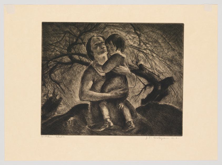 A detailed etching depicting a tender moment between a mother and child. The mother, seated and slightly turned to the left, embraces her child with a protective and loving gesture. The child, nestled close to the mother's chest, appears calm and comforted. Intricate lines create a backdrop of tangled branches, adding a sense of depth and texture to the composition. The artwork conveys a strong sense of maternal affection and security.