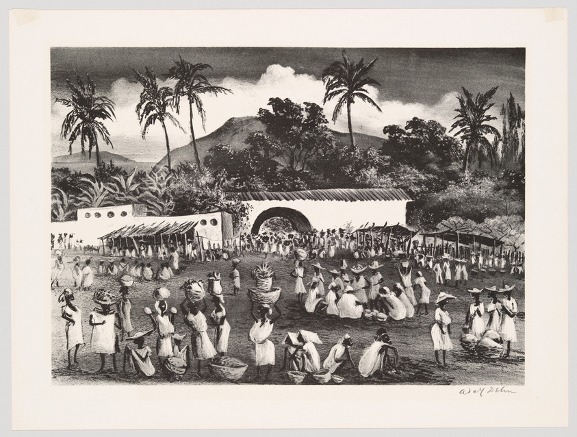 Black and white illustration of a bustling market scene with people in traditional clothing, palm trees, and a mountain in the background.