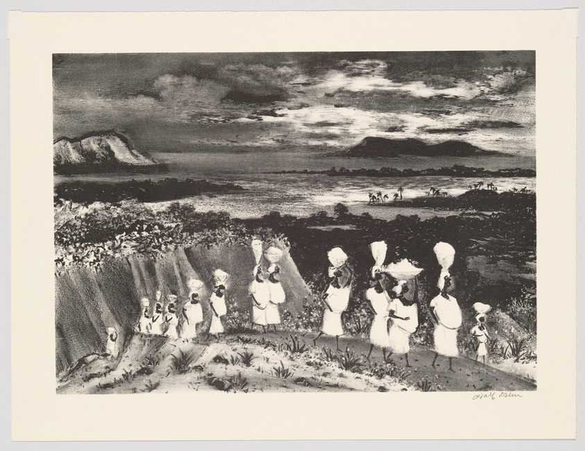 Black and white illustration depicting a group of people in traditional African clothing walking in a line through a landscape. The scene includes women with large baskets on their heads, a child following, and a man leading a group of oxen in the background. The environment features a dramatic sky with clouds, a distant mountain range, and a lush foreground with various plants. The artwork is signed by the artist in the lower right corner.