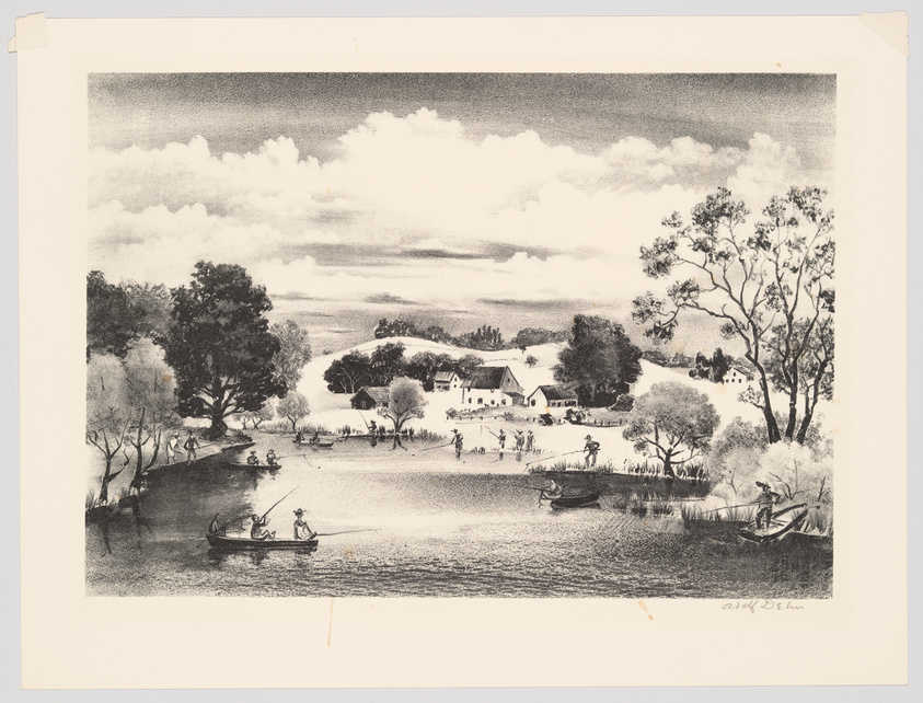 A black and white print depicting a serene rural landscape with a large body of water in the foreground. People are engaged in various activities such as boating and fishing. On the far shore, there are several buildings nestled among trees, suggesting a small village or farmstead. The sky is filled with clouds, suggesting an overcast day. The artwork is detailed, with attention to the textures of the trees and the reflections on the water.