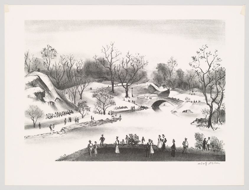 A black and white illustration depicting a pastoral scene with people in period clothing scattered throughout a park-like setting. There are leafless trees, a bridge over a small stream, and rolling hills in the background. The style suggests the image could be from the 18th or 19th century.