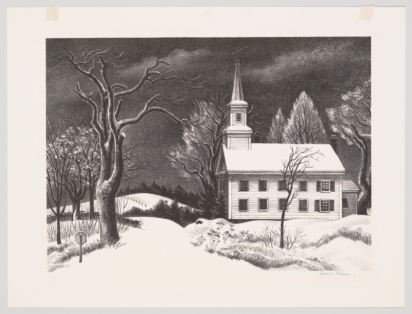 A black and white illustration depicting a traditional two-story building, possibly a church, with a prominent steeple, surrounded by a snowy landscape. Bare, twisted trees frame the scene under a dark, cloudy sky, conveying a serene yet somber winter atmosphere. There's a signature at the bottom right corner.
